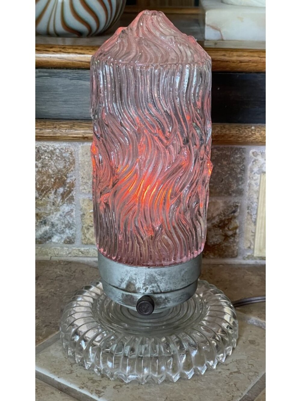 Antique Art Deco Clear Glass Fire Flame Boudoir Lamp w/ Bakelite Plug